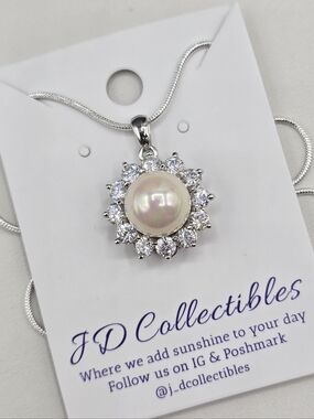 Swarovski Crystal Elements Silver Statement Necklace Pearl 20 inch Prom Bridal